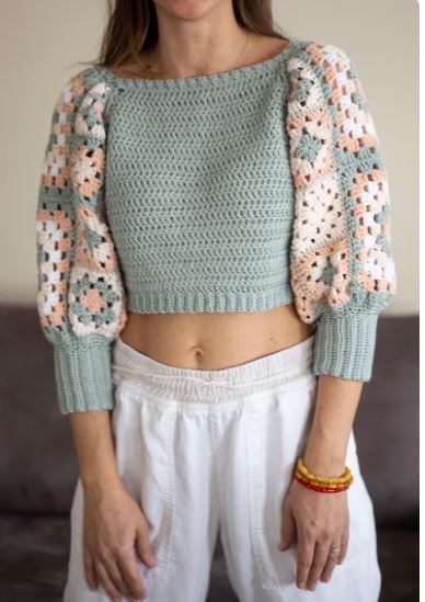 Granny Tee Crochet Pattern – Color Block Puff Sleeve