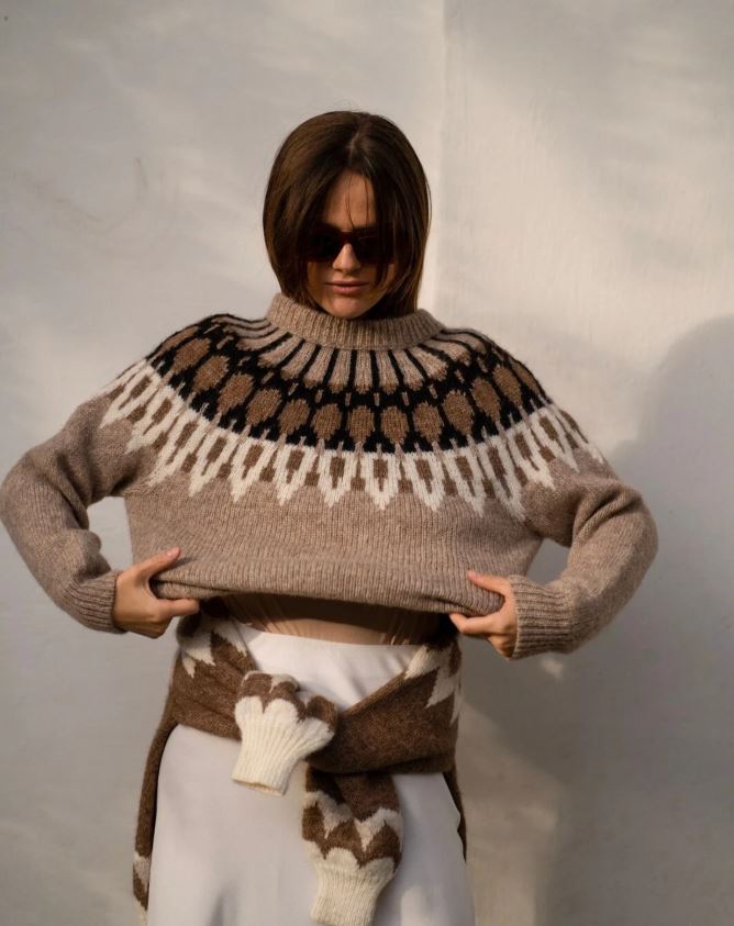 Beige Alpaca Lopapeysa Sweater – Women’s Fair Isle Knit Icelandic Jumper | Regular Fit Alpaca Pullover